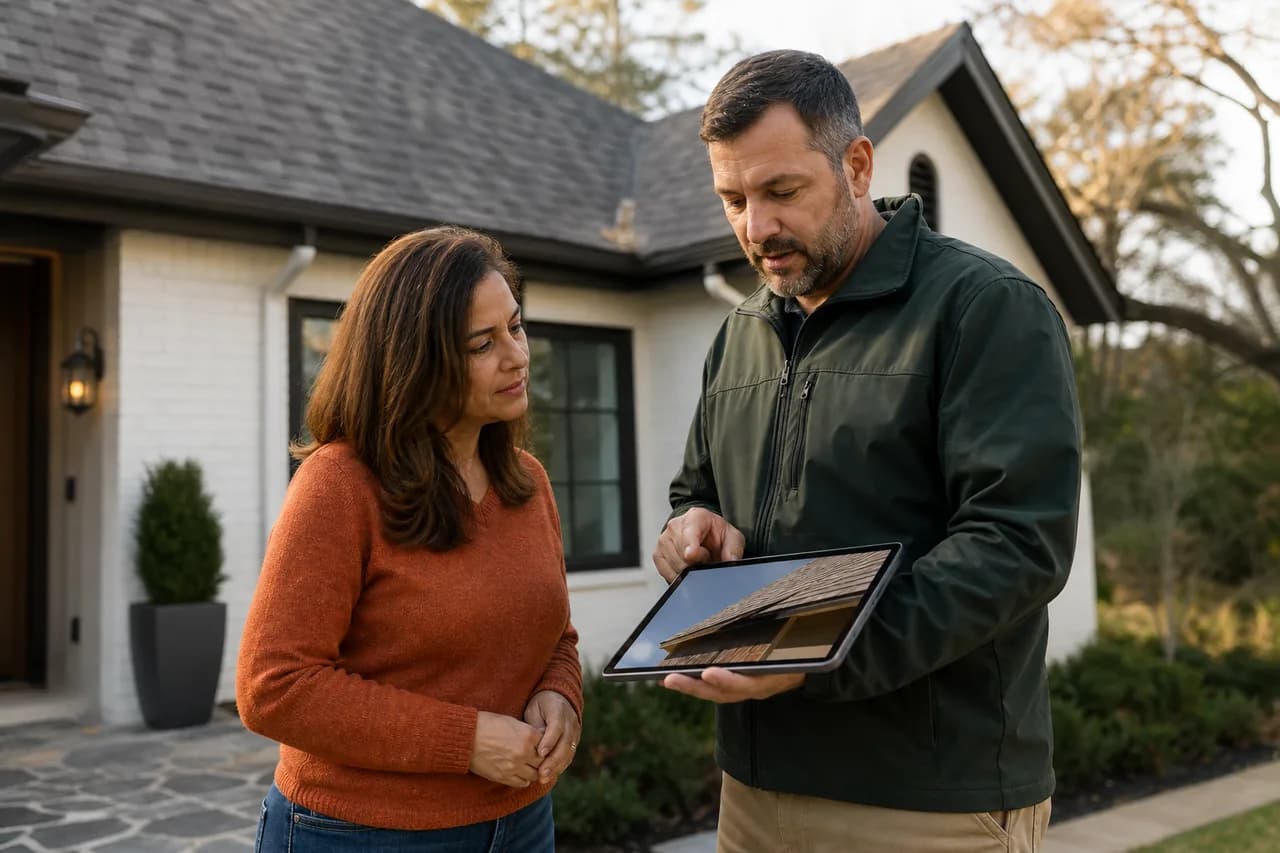 Homeowner discussing a roof project with a contractor using a tablet